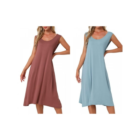 Womens 2-Pack Cotton Soft Long Nightgown Sleeveless Sleepwear Nightshirt Sleep Dress Chemise Full Slip Lounge Dress Medium Light Blue/Red
