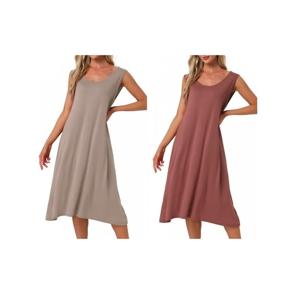 Womens 2-Pack Cotton Soft Long Nightgown Sleeveless Sleepwear Nightshirt Sleep Dress Chemise Full Slip Lounge Dress Small Red/Beige