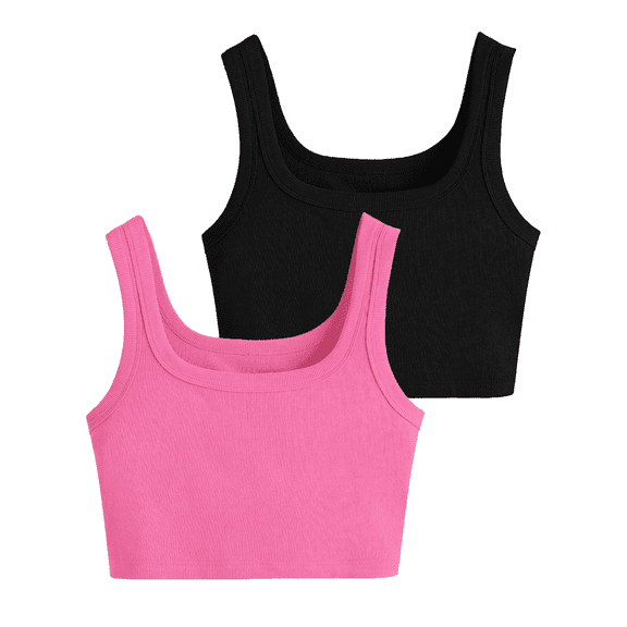 Womens 2-Pack Crop Tank Tops Rib-Knit Square Scoop Neck Workout Top Summer Yoga Gym Shirts