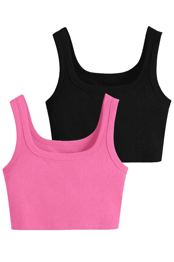 Womens 2-Pack Crop Tank Tops Rib-Knit Square Scoop Neck Workout Top Summer Yoga Gym Shirts