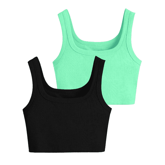 Womens 2-Pack Crop Tank Tops Rib-Knit Square Scoop Neck Workout Top Summer Yoga Gym Shirts