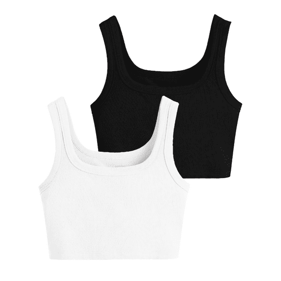 Womens 2-Pack Crop Tank Tops Rib-Knit Square Scoop Neck Workout Top Summer Yoga Gym Shirts