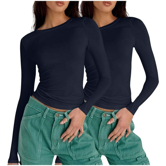 Womens 2 Pack Cropped Basic T-Shirts, Long Sleeve Shirts for Women Fall Casual Solid Color Slimming Fit Crewneck Tees XS-XL