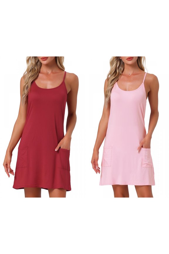 Women's 2-Pack Nightgowns Sleeveless Sleepwear Racerback Sleep Shirts Chemise Night Shirts with Pockets Large Pink/Red