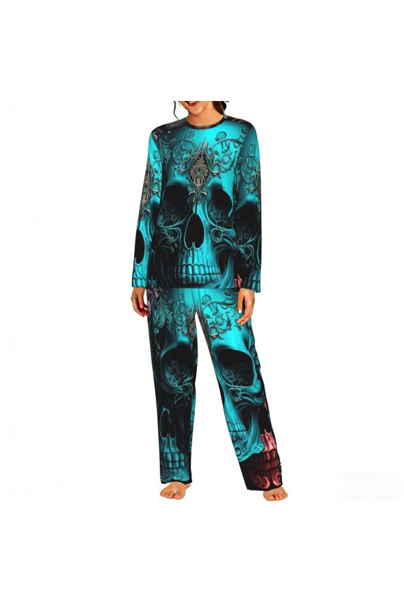 Womens 2 Pack Pajama Set Long Sleeve Pajamas Top and Pants Pjs Set Loungewear, Cool Skulls Gothic Day Of The Dead
