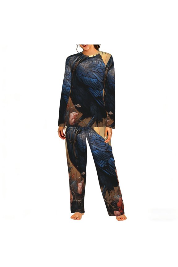 Womens 2 Pack Pajama Set Long Sleeve Pajamas Top and Pants Pjs Set Loungewear, Crow And Flowers Raven Gothic