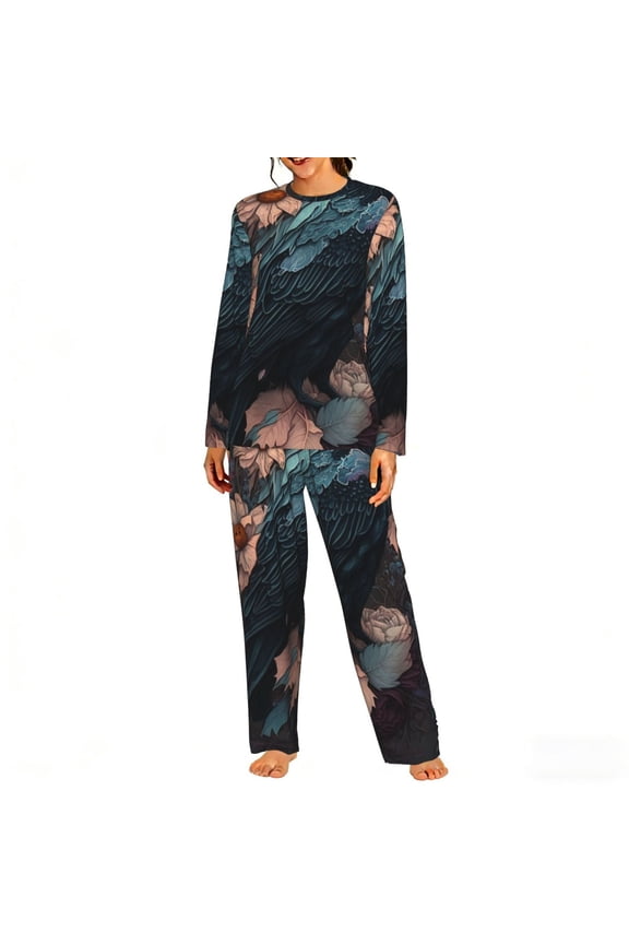 Womens 2 Pack Pajama Set Long Sleeve Pajamas Top and Pants Pjs Set Loungewear, Crow Flowers Raven Gothic