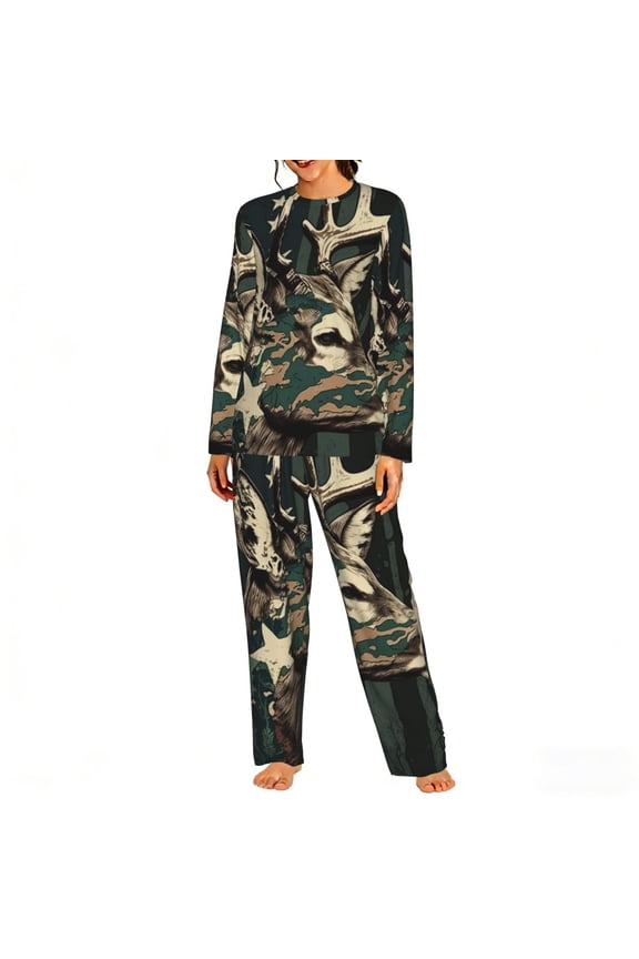 Womens 2 Pack Pajama Set Long Sleeve Pajamas Top and Pants Pjs Set Loungewear, Deer Camo American Flag Camouflage
