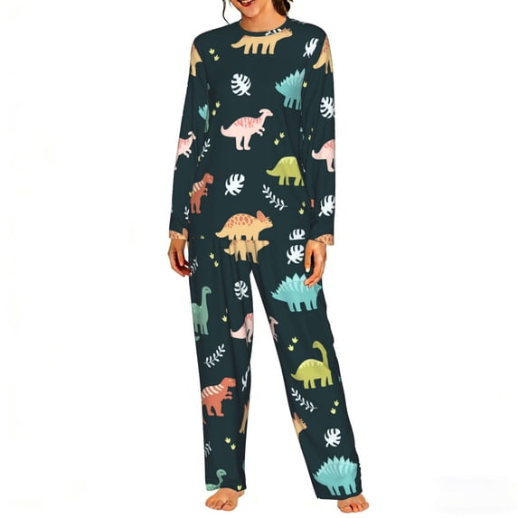 Womens 2 Pack Pajama Set Long Sleeve Pajamas Top and Pants Pjs Set Loungewear, Dinosaurs And Leaves