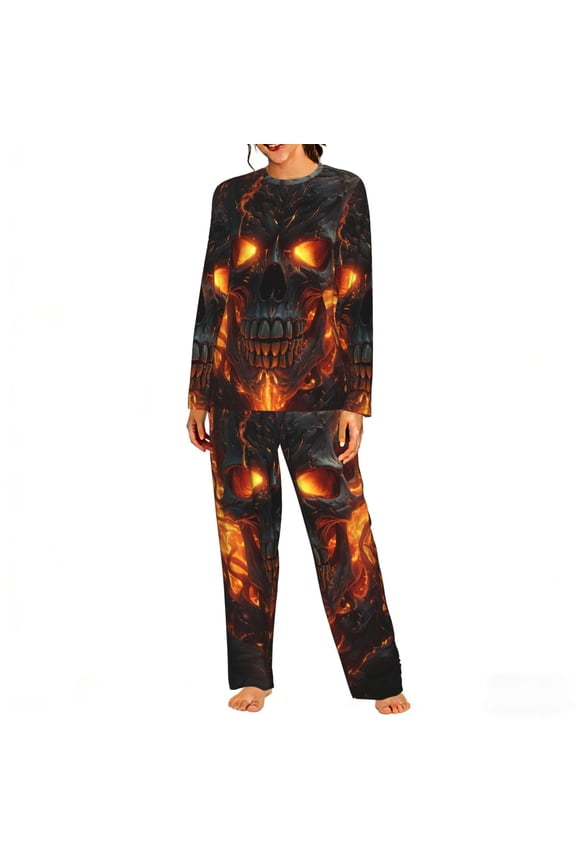 Womens 2 Pack Pajama Set Long Sleeve Pajamas Top and Pants Pjs Set Loungewear, Fire Skull Gothic Cool