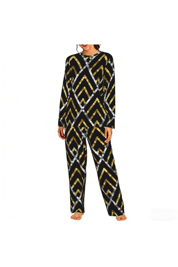 Womens 2 Pack Pajama Set Long Sleeve Pajamas Top and Pants Pjs Set Loungewear, Golden Sequin Glitter Geometric