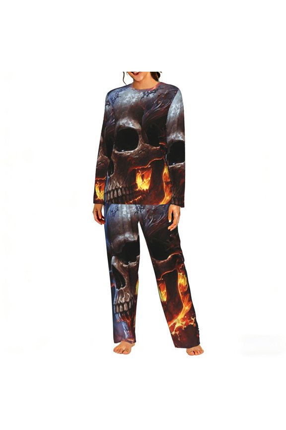 Womens 2 Pack Pajama Set Long Sleeve Pajamas Top and Pants Pjs Set Loungewear, Gothic Skull On Fire Death Cool