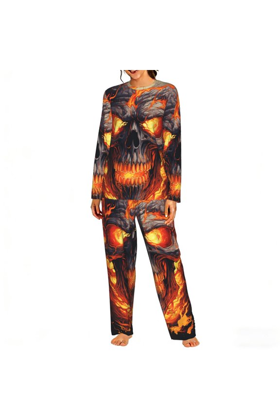 Womens 2 Pack Pajama Set Long Sleeve Pajamas Top and Pants Pjs Set Loungewear, Gothic Skull On Fire Vintage Art