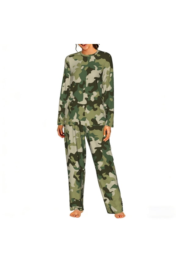 Womens 2 Pack Pajama Set Long Sleeve Pajamas Top and Pants Pjs Set Loungewear, Military Camouflage Green Camo