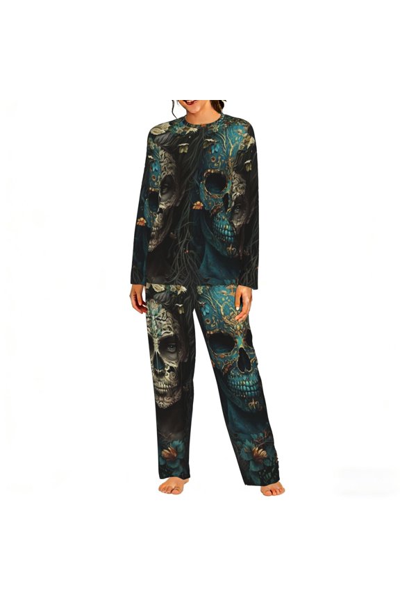Womens 2 Pack Pajama Set Long Sleeve Pajamas Top and Pants Pjs Set Loungewear, Skulls Gothic Day Of The Dead Skull Lovers