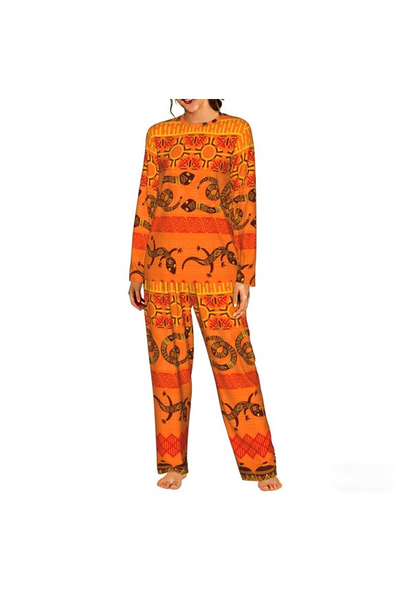 Womens 2 Pack Pajama Set Long Sleeve Pajamas Top and Pants Pjs Set Loungewear, Tribal Ethnic Elephant African Geometric Lizard