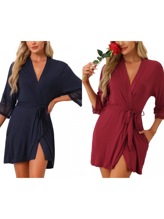 Women's Mother's Day 2 Pack Robe Cotton Short Bathrobe Lightweight Thin Sleepwear Soft Loungewear with Pockets Large Navy Blue/Red