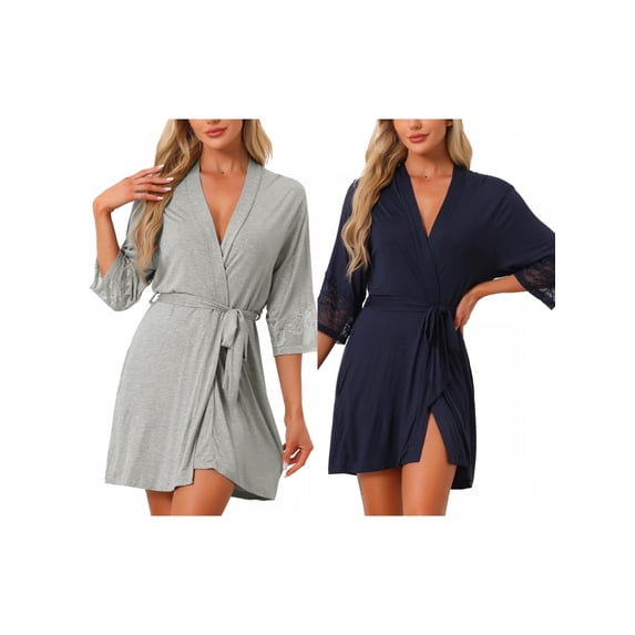 NOMADIC NOOK Women's Mother's Day 2 Pack Robe Cotton Short Bathrobe Lightweight Thin Sleepwear Soft Loungewear with Pockets X-Small Navy Blue/Light Gray