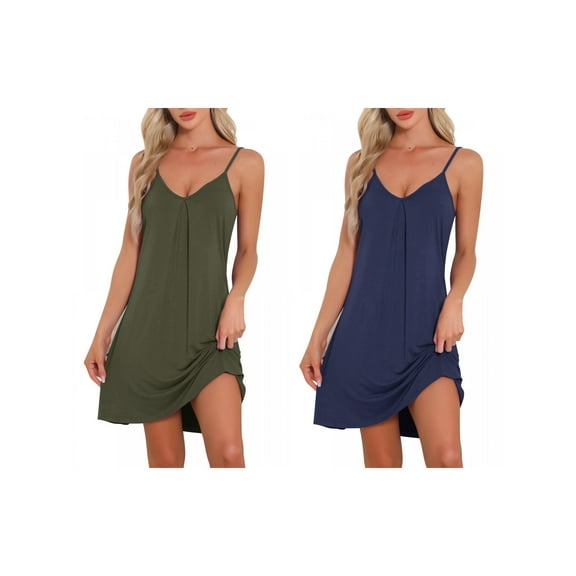 NOMADIC NOOK Women's 2 Pack Sleeveless Basic Camisole Nightwear V Neck Nightshirt Pajama Dress Chemise Slip Nightgowns Army Green/Navy Blue X-Large