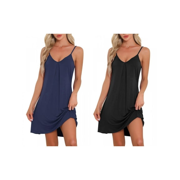 NOMADIC NOOK Women's 2 Pack Sleeveless Basic Camisole Nightwear V Neck Nightshirt Pajama Dress Chemise Slip Nightgowns Black/Navy Blue Small