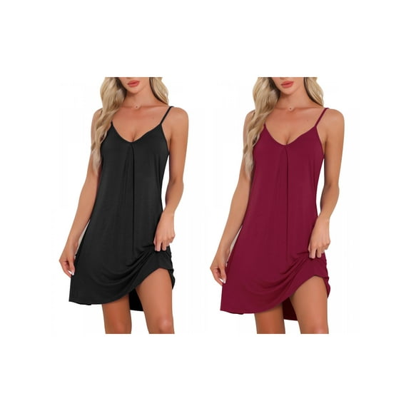 NOMADIC NOOK Women's 2 Pack Sleeveless Basic Camisole Nightwear V Neck Nightshirt Pajama Dress Chemise Slip Nightgowns Black/Wine Red X-Small