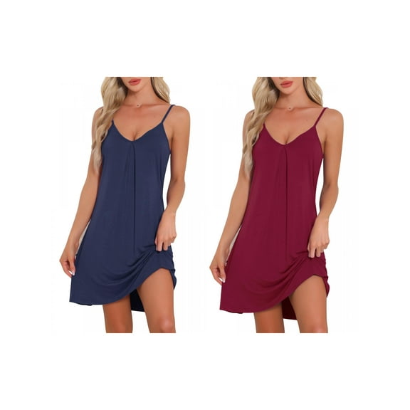 NOMADIC NOOK Women's 2 Pack Sleeveless Basic Camisole Nightwear V Neck Nightshirt Pajama Dress Chemise Slip Nightgowns Wine Red/Navy Blue Small