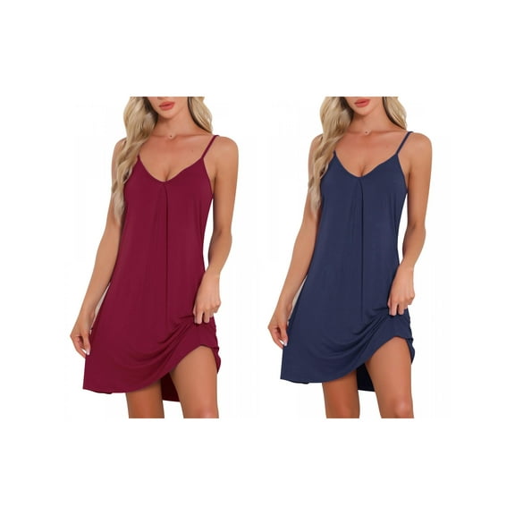 NOMADIC NOOK Women's 2 Pack Sleeveless Basic Camisole Nightwear V Neck Nightshirt Pajama Dress Chemise Slip Nightgowns Wine Red/Navy Blue X-Large