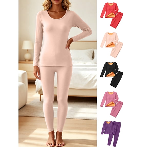 Womens 2 Piece Base Layer Fleece Lined Long Sleeve Round Neck Top & Leggings 2‑Piece Warm Base Layer for Fall Winter