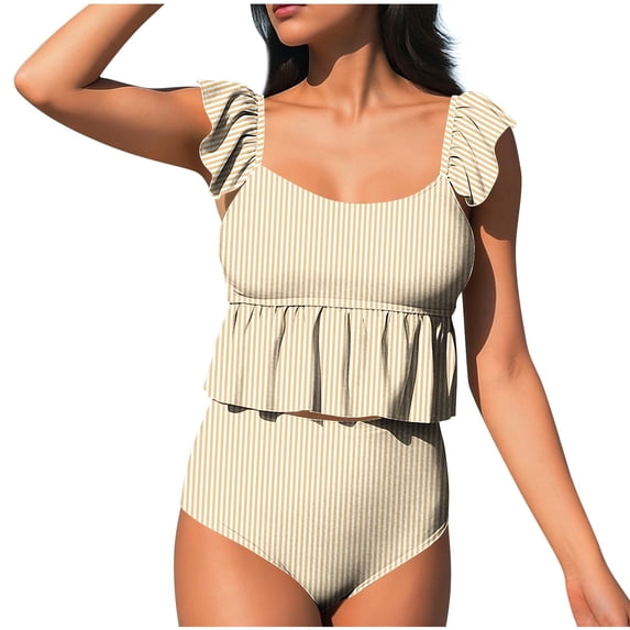 Womens 2 Piece Bathing Suits Ruffle Trim High Waist Bikini Swimsuits Striped Modest Tankini Swimwear(Khaki S)