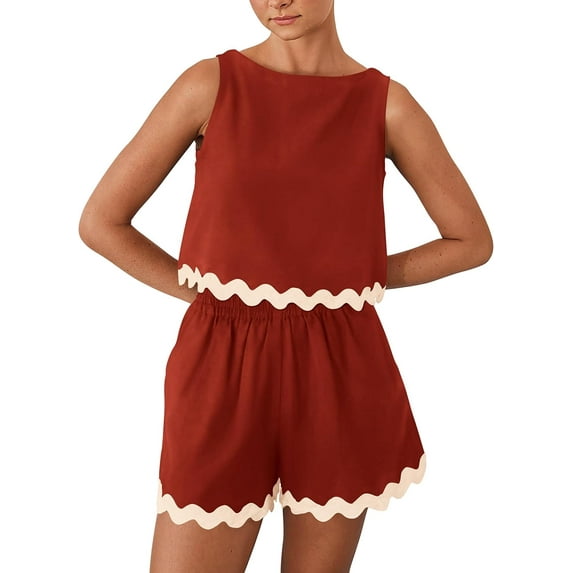 Womens 2 Piece Beach Vacation Cropped Tank Top High Waist Shorts Set