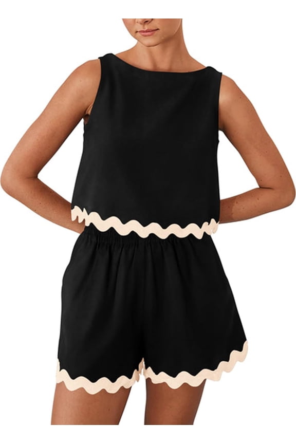 Womens 2 Piece Beach Vacation Cropped Tank Top High Waist Shorts Set