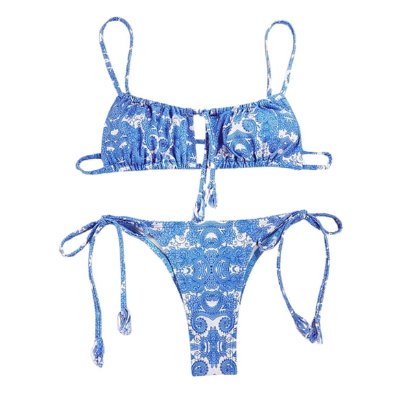 Womens 2 Piece Bikini Sets Halter Triangle Colorblock Striped Swimsuits Gingham Tie Back High Cut Bathing Suit,Blue L