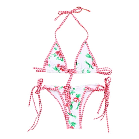 Womens 2 Piece Bikini Sets Halter Triangle Colorblock Striped Swimsuits Gingham Tie Back High Cut Bathing Suit,White M