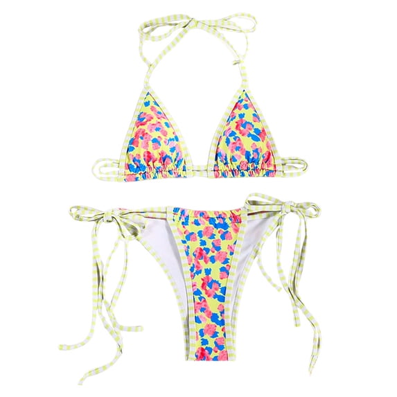 Womens 2 Piece Bikini Sets Halter Triangle Colorblock Striped Swimsuits Gingham Tie Back High Cut Bathing Suit,Yellow L