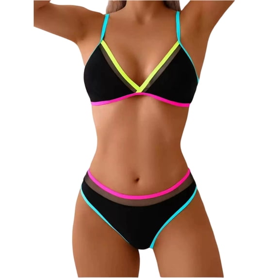 Womens 2 Piece Bikini Sets High Waisted V Neck Triangle Neon Swimsuit Color Block Halter Bathing Suit