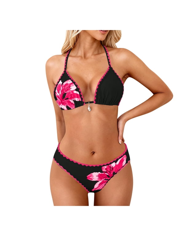 Womens 2 Piece Bikini Swimsuit Floral Print Beach Travel Halter Triangle Bikinis Sets Two Piece Bathing Suits (L, Hot Pink)