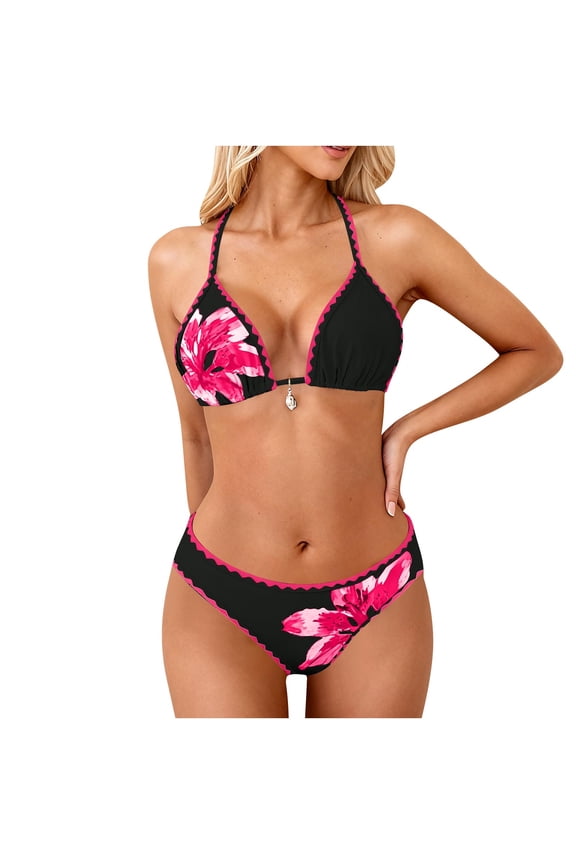 Womens 2 Piece Bikini Swimsuit Floral Print Beach Travel Halter Triangle Bikinis Sets Two Piece Bathing Suits (M, Hot Pink)