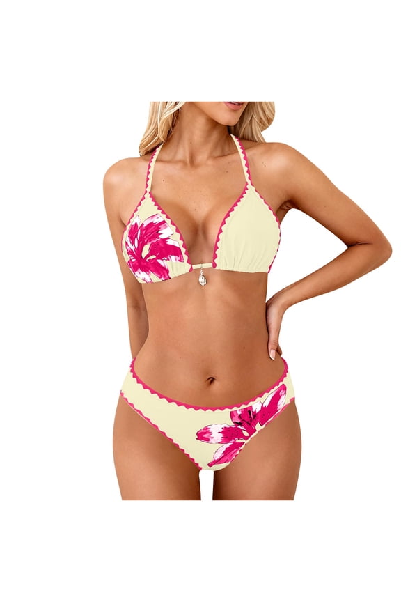 Womens 2 Piece Bikini Swimsuit Floral Print Beach Travel Halter Triangle Bikinis Sets Two Piece Bathing Suits (M, Pink)