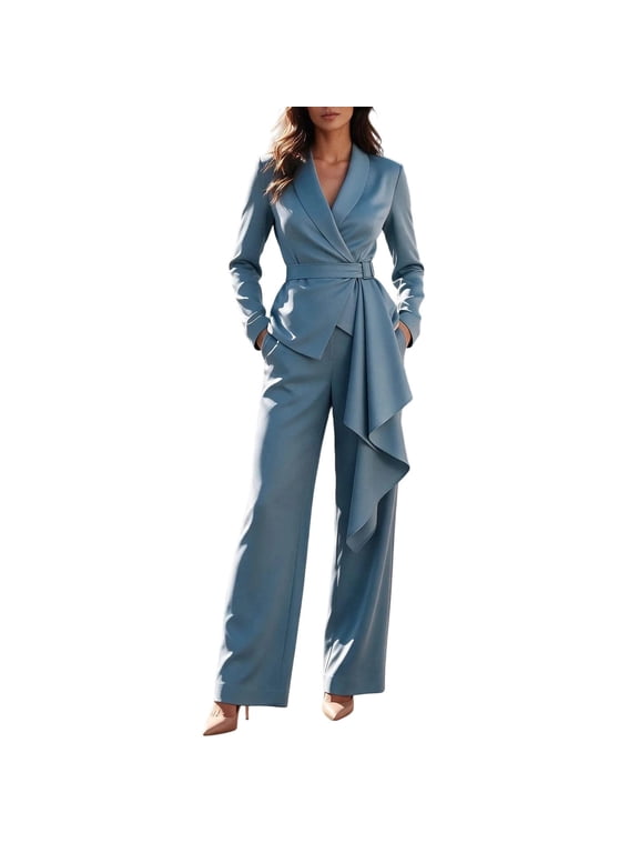 Womens 2 Piece Blazer Pant Suit, V Neck Long Sleeve Wrap Blazer with Belt and High Waist Wide Leg Pants, Elegant Matching Suit for Office Work and Wedding Events