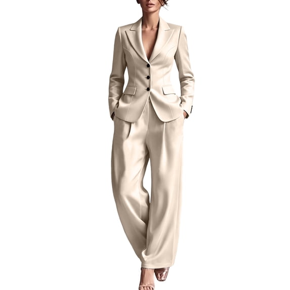 Womens 2 Piece Blazer Set Business Casual Pant Suits Single Breasted Lapel Jacket and Wide Leg Trousers office Work formal Outfit Beige