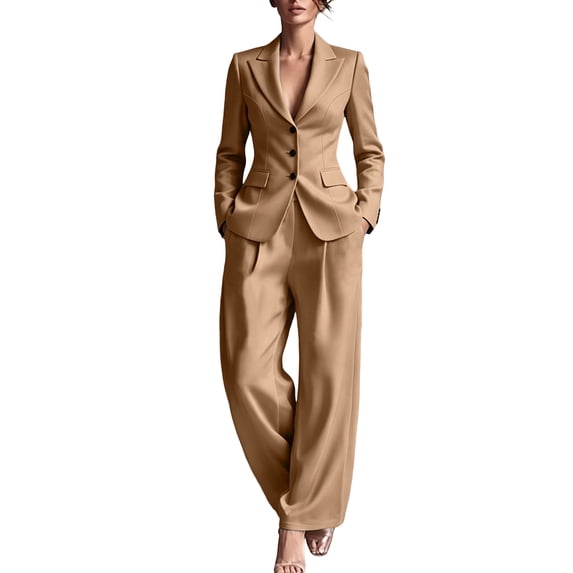 Womens 2 Piece Blazer Set Business Casual Pant Suits Single Breasted Lapel Jacket and Wide Leg Trousers office Work formal Outfit Coffee