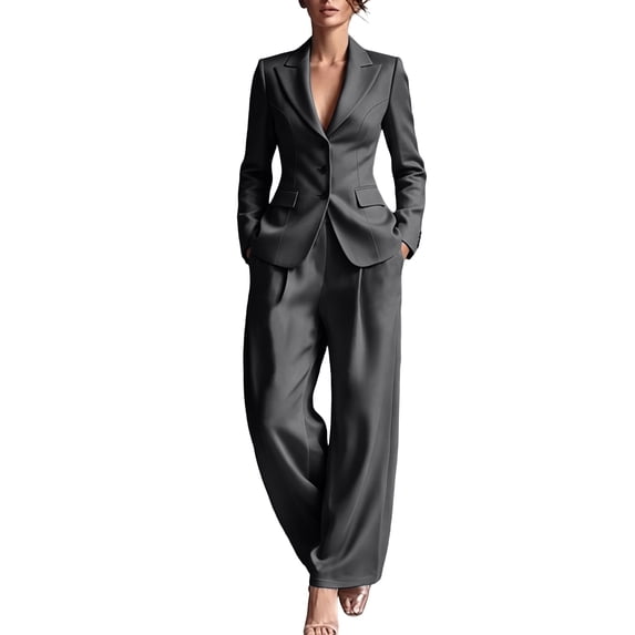 Womens 2 Piece Blazer Set Business Casual Pant Suits Single Breasted Lapel Jacket and Wide Leg Trousers office Work formal Outfit Dark Gray