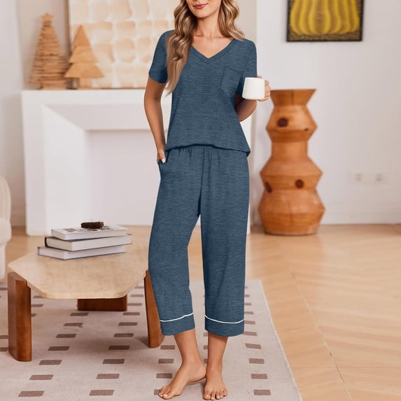 Womens 2 Piece Capri Sets,V Neck Short Sleeve Casual Matching Sets,Summer Loungewear Set with Elastic Waist Pants,Soft Lightweight Comfy Outfit for Daily Wear Navy L