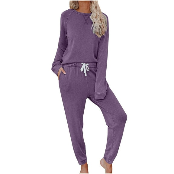 Womens 2 Piece Casual Loose Sets 2025 Fall Solid Color Long Sleeve Soft Comfy Workout Athletic Outfits Tracksuit Sweatsuits,Purple,2XL