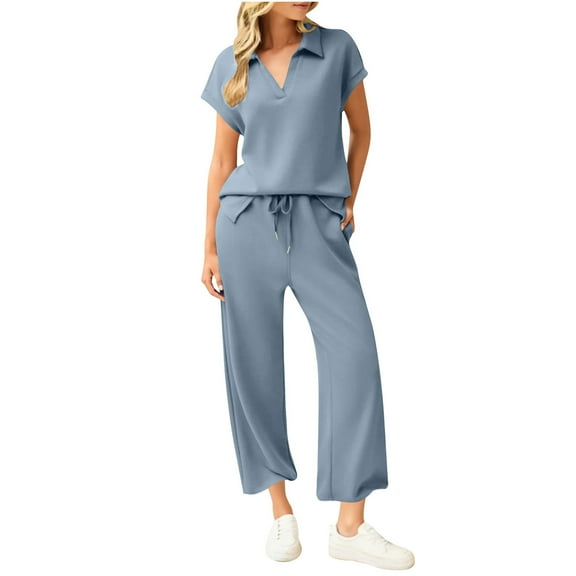 Womens 2 Piece Casual Outfit Matching Lounge Set Cap Sleeve Collared Shirts Drawstring Pants Sets Tracksuits, M