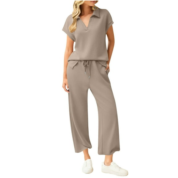 Womens 2 Piece Casual Outfit Matching Lounge Set Cap Sleeve Collared Shirts Drawstring Pants Sets Tracksuits, XXL