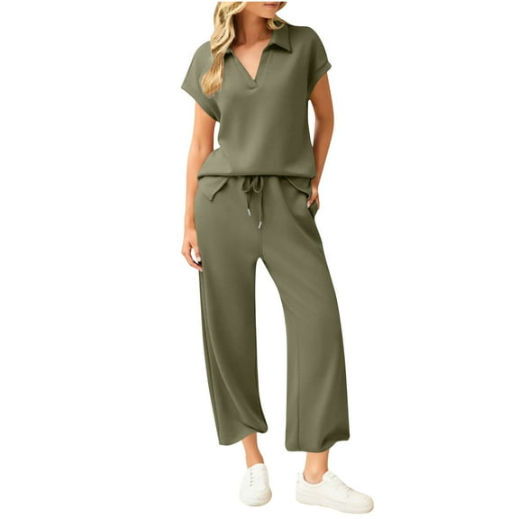 Womens 2 Piece Casual Outfit Matching Lounge Set Cap Sleeve Collared Shirts Drawstring Pants Sets Tracksuits, XXL