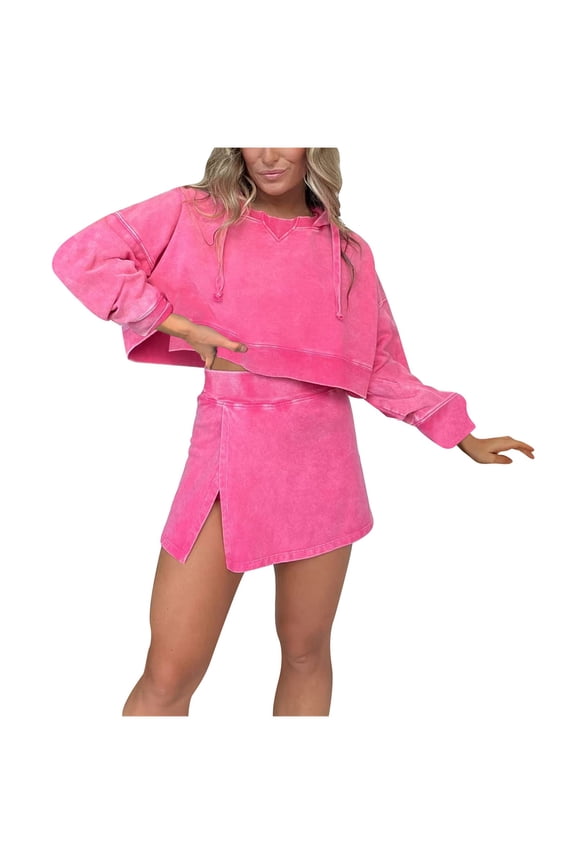 Womens 2 Piece Casual Outfits Fall Long Sleeve Hoodies and Short Skirt Sets Pullover Hooded Crop Sweatshirt Suits (Hot Pink XL)