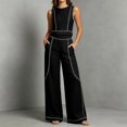 thumbnail image 1 of Womens 2 Piece Color Blocked Suits Sleeveless Crew Neck Tops Wide Leg High Waist Trousers Summer Comfy Fashion Set Black L, 1 of 7