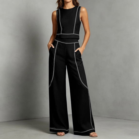 Womens 2 Piece Color Blocked Suits Sleeveless Crew Neck Tops Wide Leg High Waist Trousers Summer Comfy Fashion Set Black L